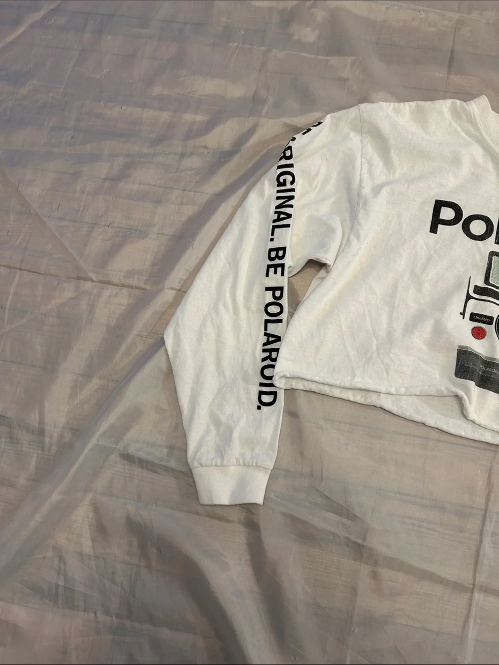 Polaroid White Long-Sleeve Crop Top with Camera Graphic